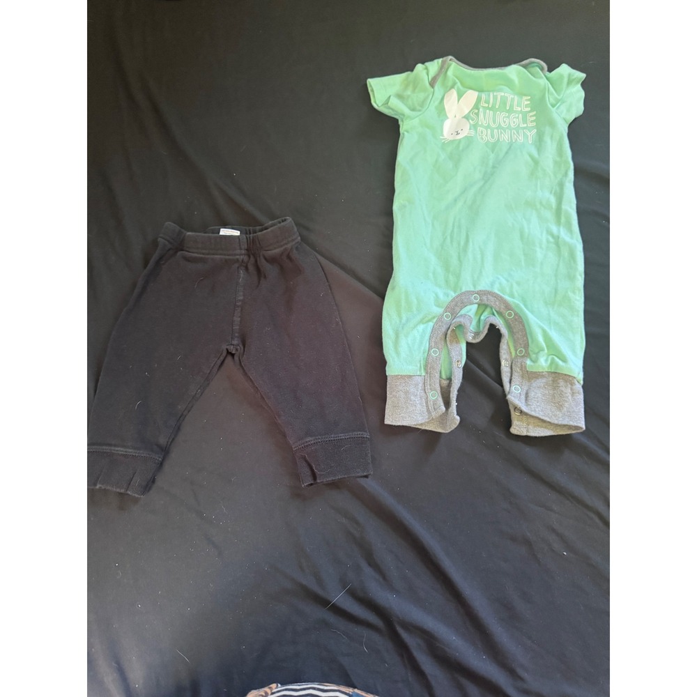 Cat & Jack Bunny Romper and Luvable Friends Black Joggers Baby Bundle 0-6M